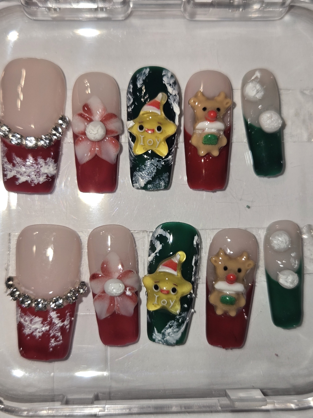Hand Crafted Red & Green Christmas Reindeer & Star Press-On Nails